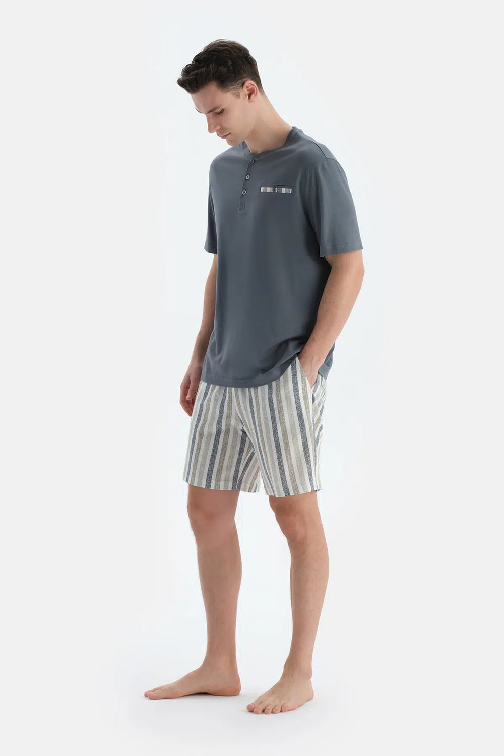 Indigo Pat Ve Fleto Cep Detaylı Tişört Şort Pijama Takımı