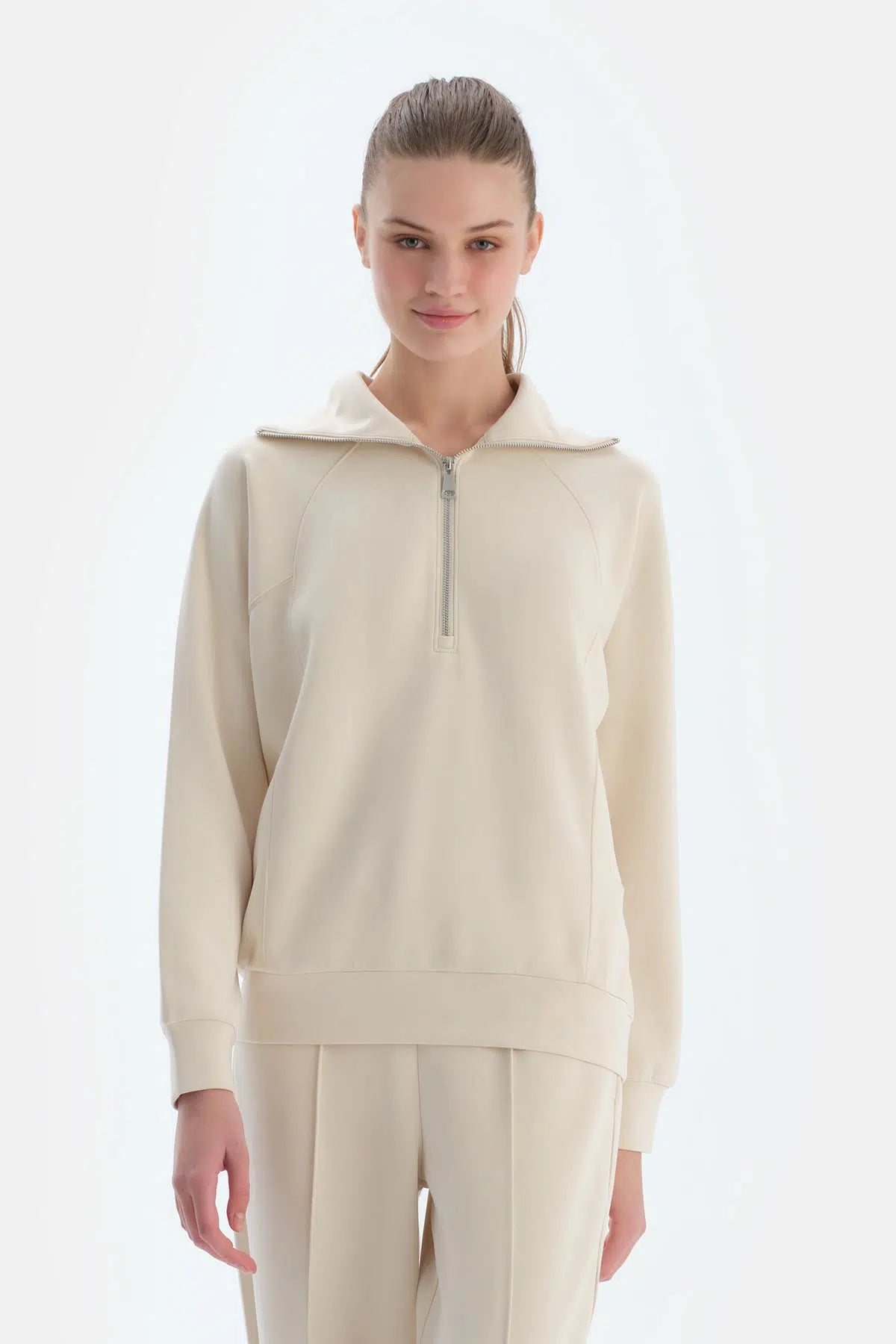 Ekru Kadın Yarım Fermuarlı Modal Sweatshirt