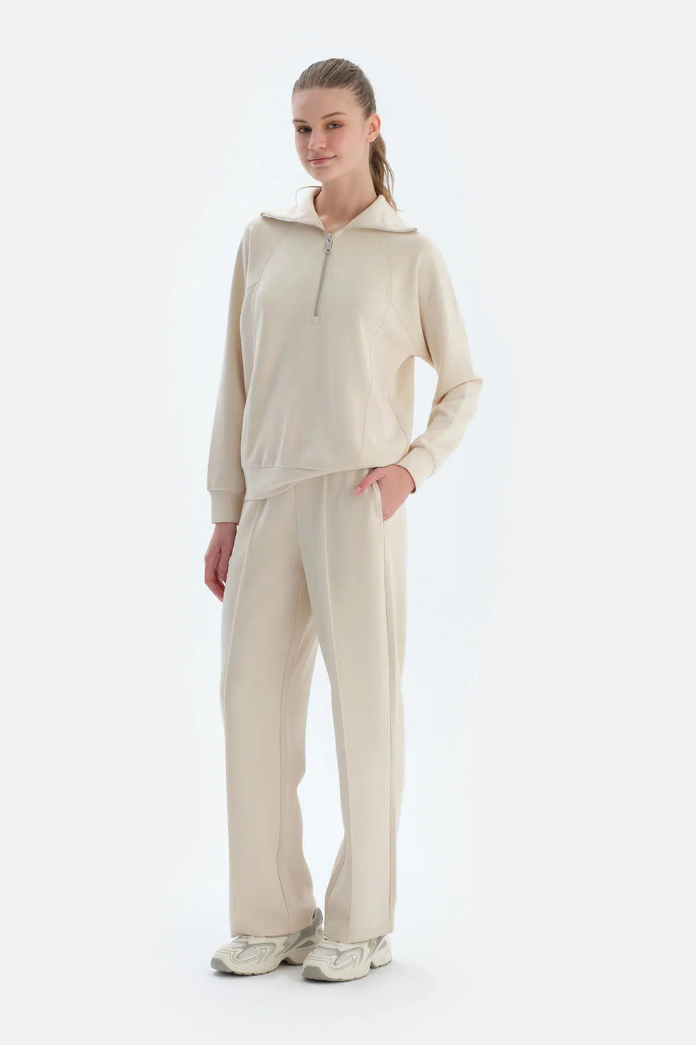 Ekru Kadın Yarım Fermuarlı Modal Sweatshirt