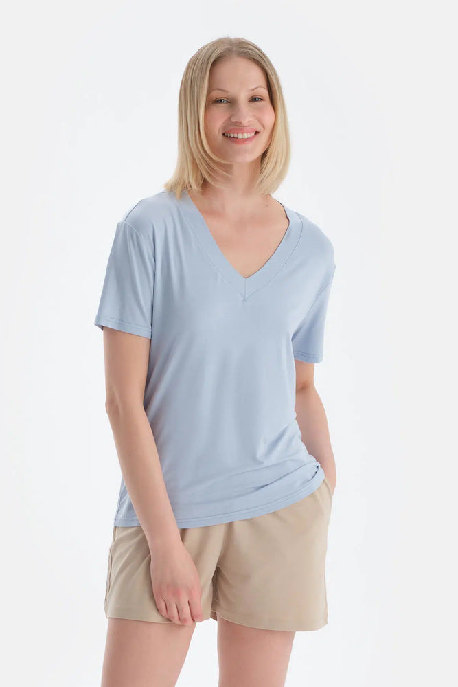 Buz Mavisi Cool Touch V Yaka Modal Tişört