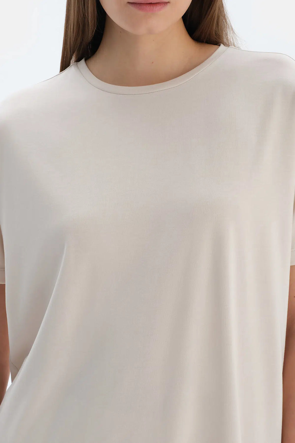 Krem Kısa Kollu Basıc Modal Tişört