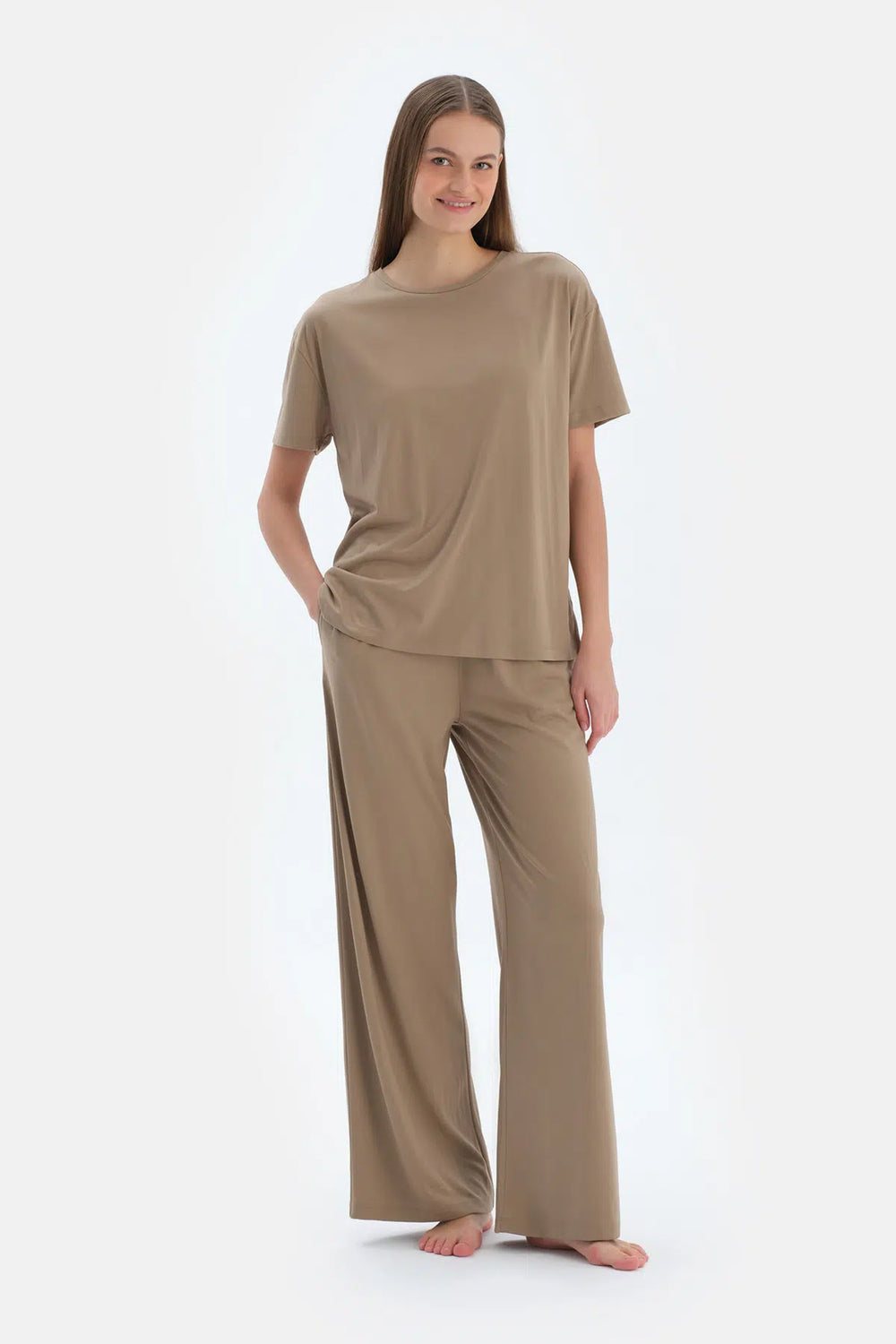 Sütlü Kahve Kısa Kollu Basıc Modal Tişört