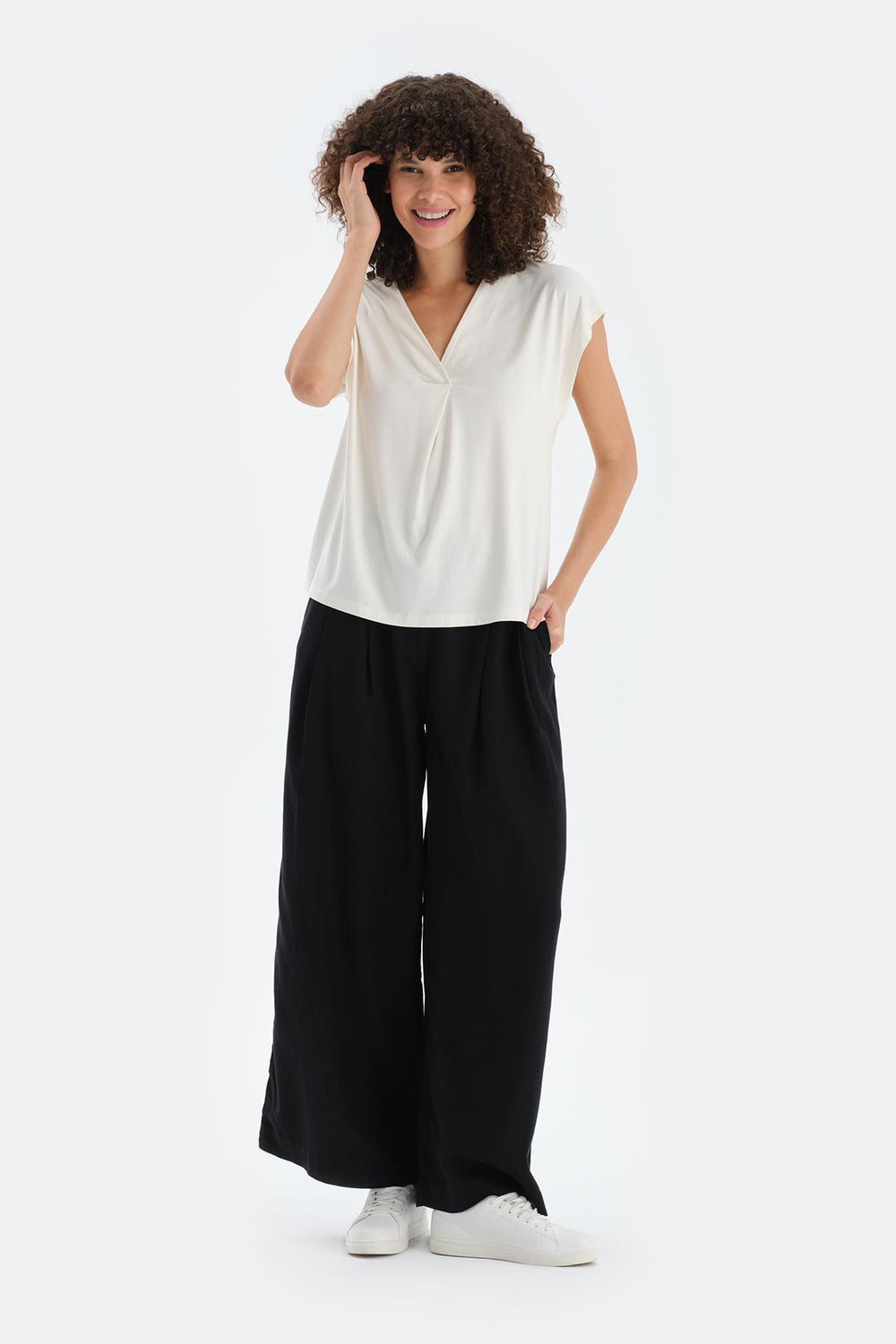 Siyah Keten Lyocell Karışımlı Dokuma Pantalon