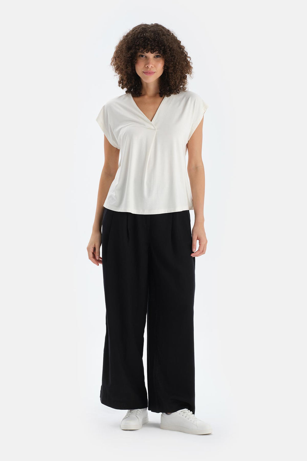 Siyah Keten Lyocell Karışımlı Dokuma Pantalon