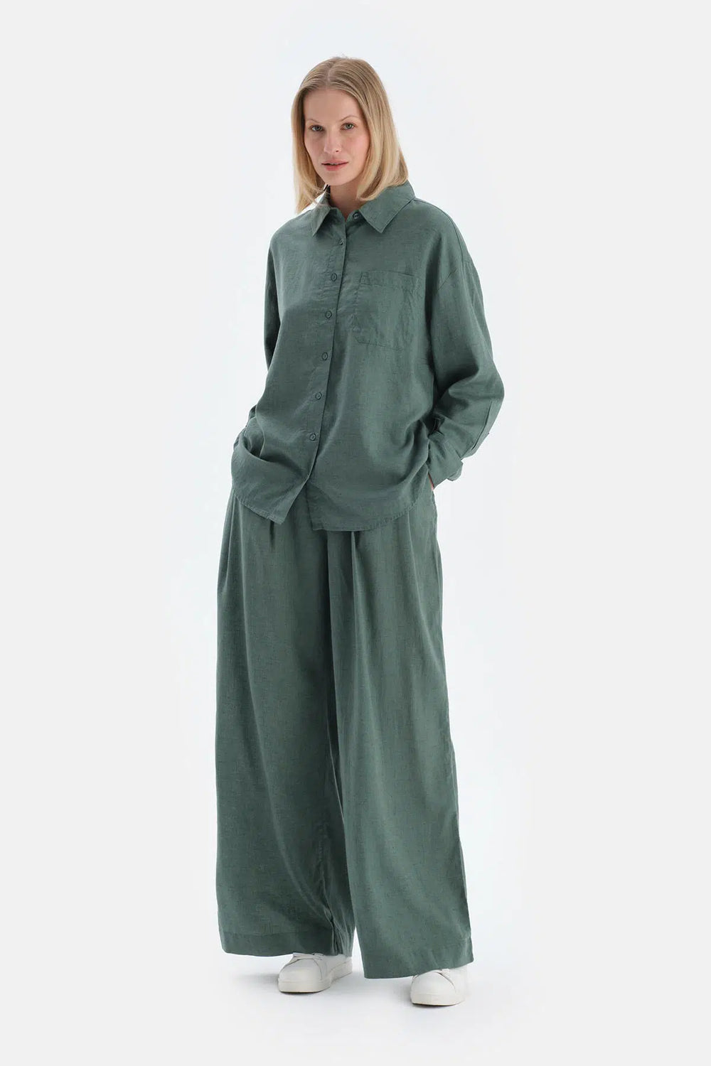 Yeşil Keten Lyocell Karışımlı Dokuma Pantalon