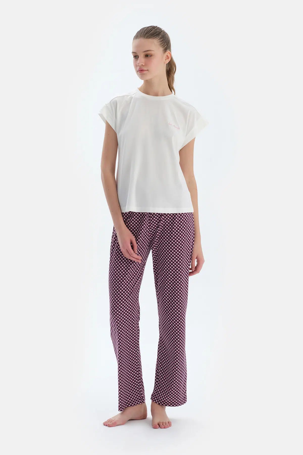 Pembe Metraj Desenli ve Düz Ikili Pijama Altı