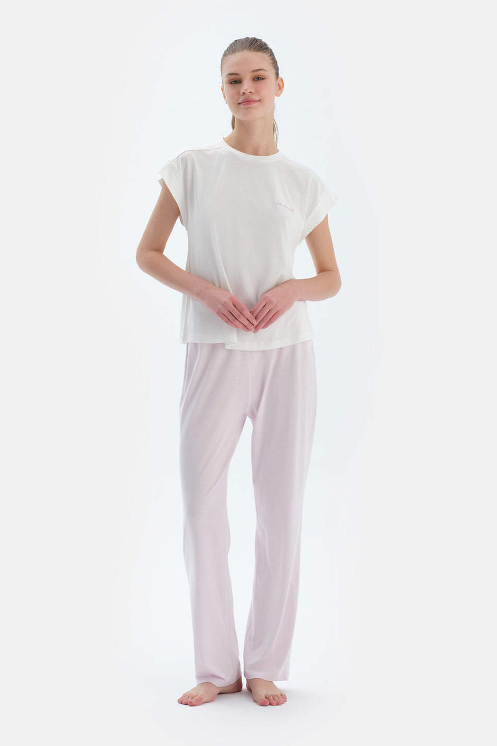 Pembe Metraj Desenli ve Düz Ikili Pijama Altı