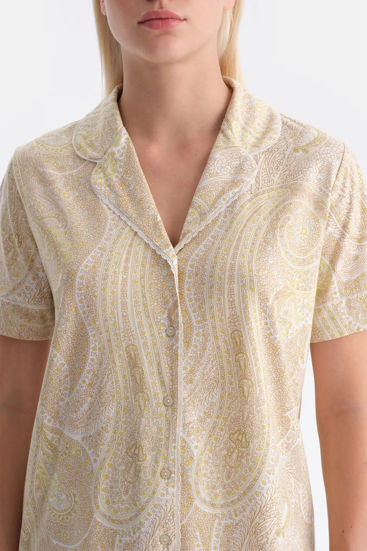 Açık Yeşil Şal Desenli Penye Modal Gömlek Pantolon Pijama Takımı