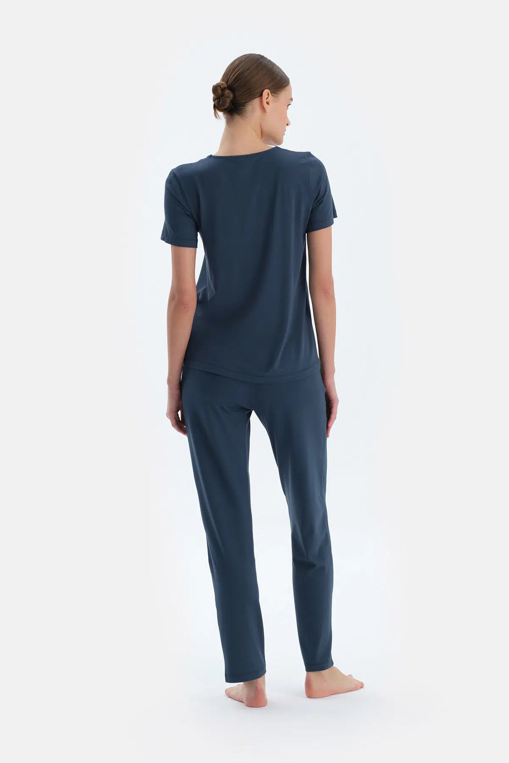 Indigo V Yaka Viskon Tişört Pantolon Pijama Takımı