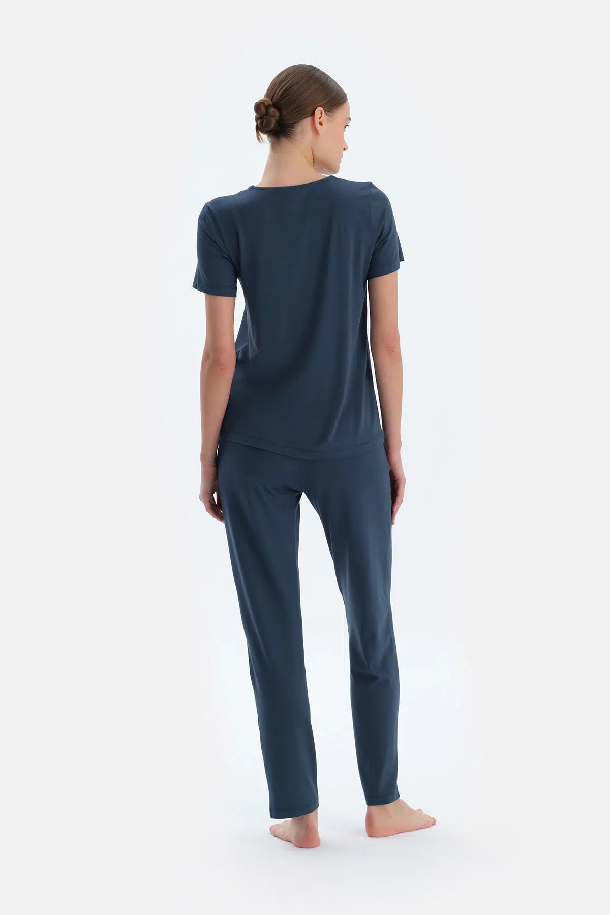 Indigo V Yaka Viskon Tişört Pantolon Pijama Takımı