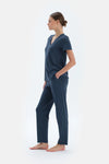 Indigo V Yaka Viskon Tişört Pantolon Pijama Takımı