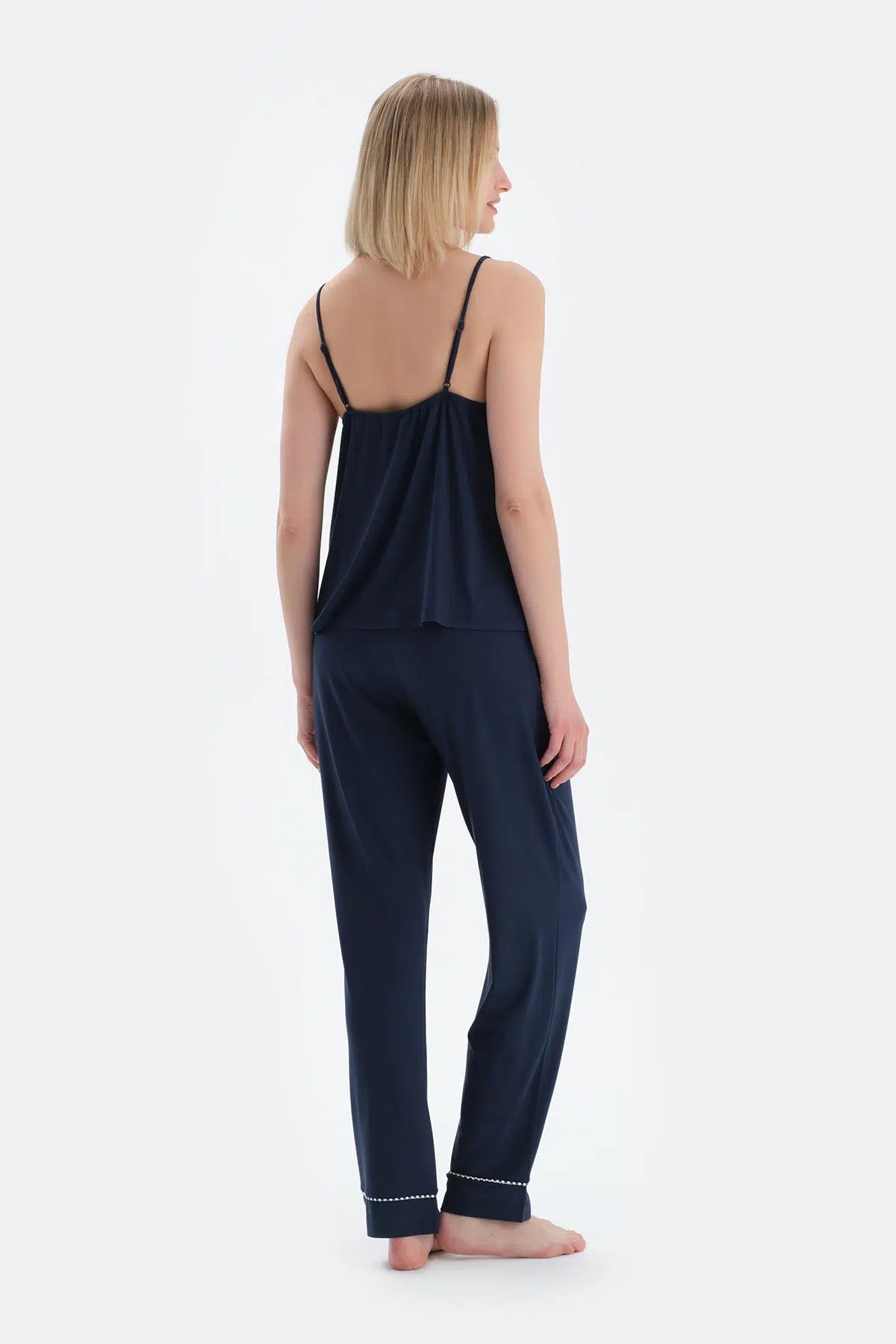 Lacivert V Yaka Ince Askılı Viskon Atlet Pantolon Pijama Takımı