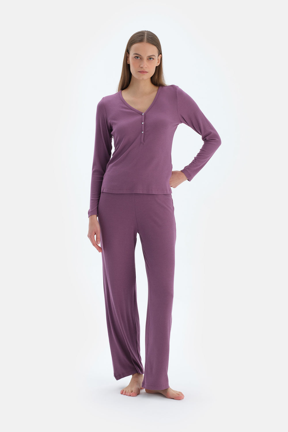 Mor V Yaka Viskon Kaşkorse Tişört Pantolon Pijama Takımı