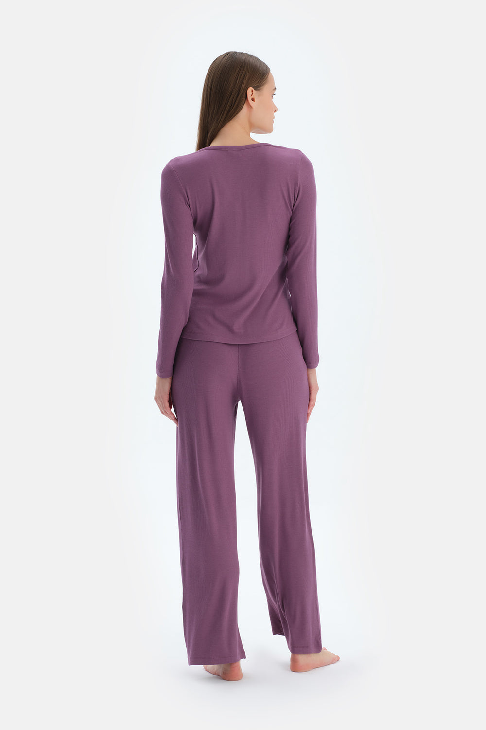 Mor V Yaka Viskon Kaşkorse Tişört Pantolon Pijama Takımı