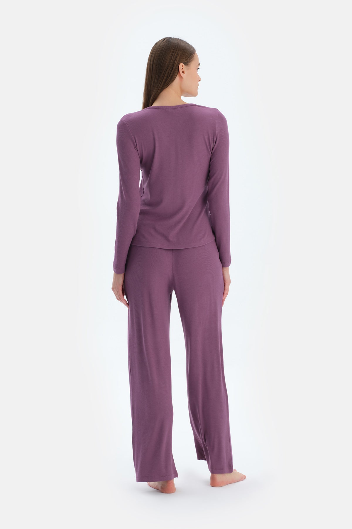 Mor V Yaka Viskon Kaşkorse Tişört Pantolon Pijama Takımı