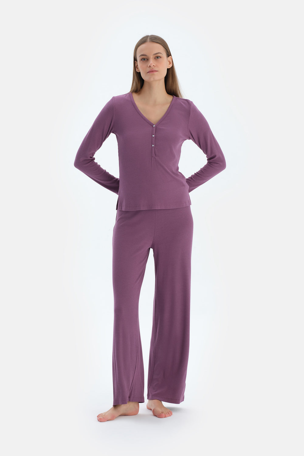 Mor V Yaka Viskon Kaşkorse Tişört Pantolon Pijama Takımı