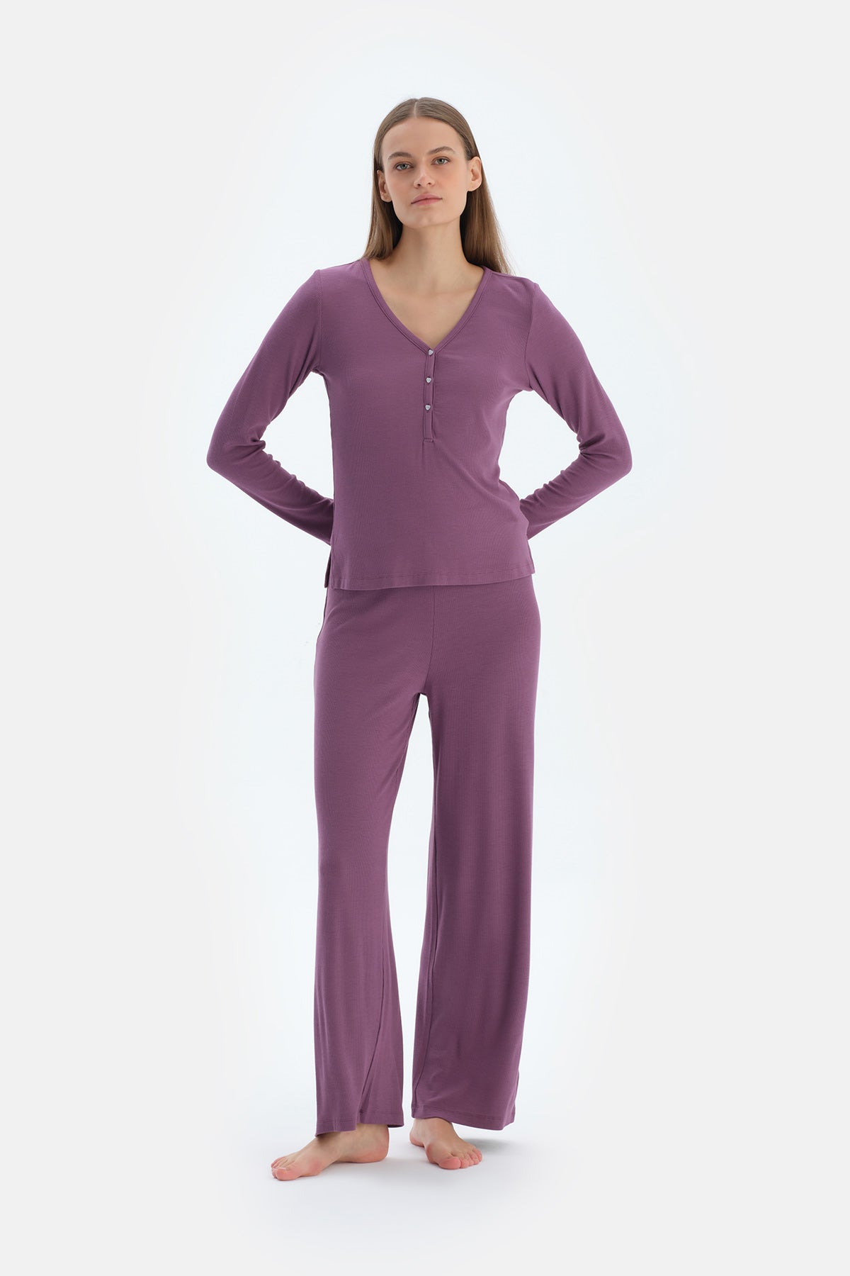 Mor V Yaka Viskon Kaşkorse Tişört Pantolon Pijama Takımı
