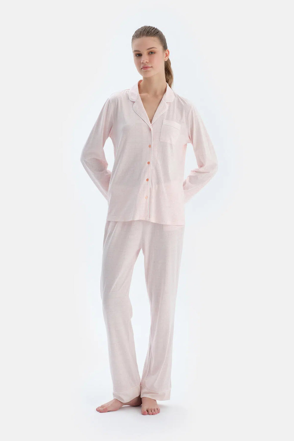 Açık Pembe Metraj Kalp Baskılı Gömlek Pantolon Pijama Takımı