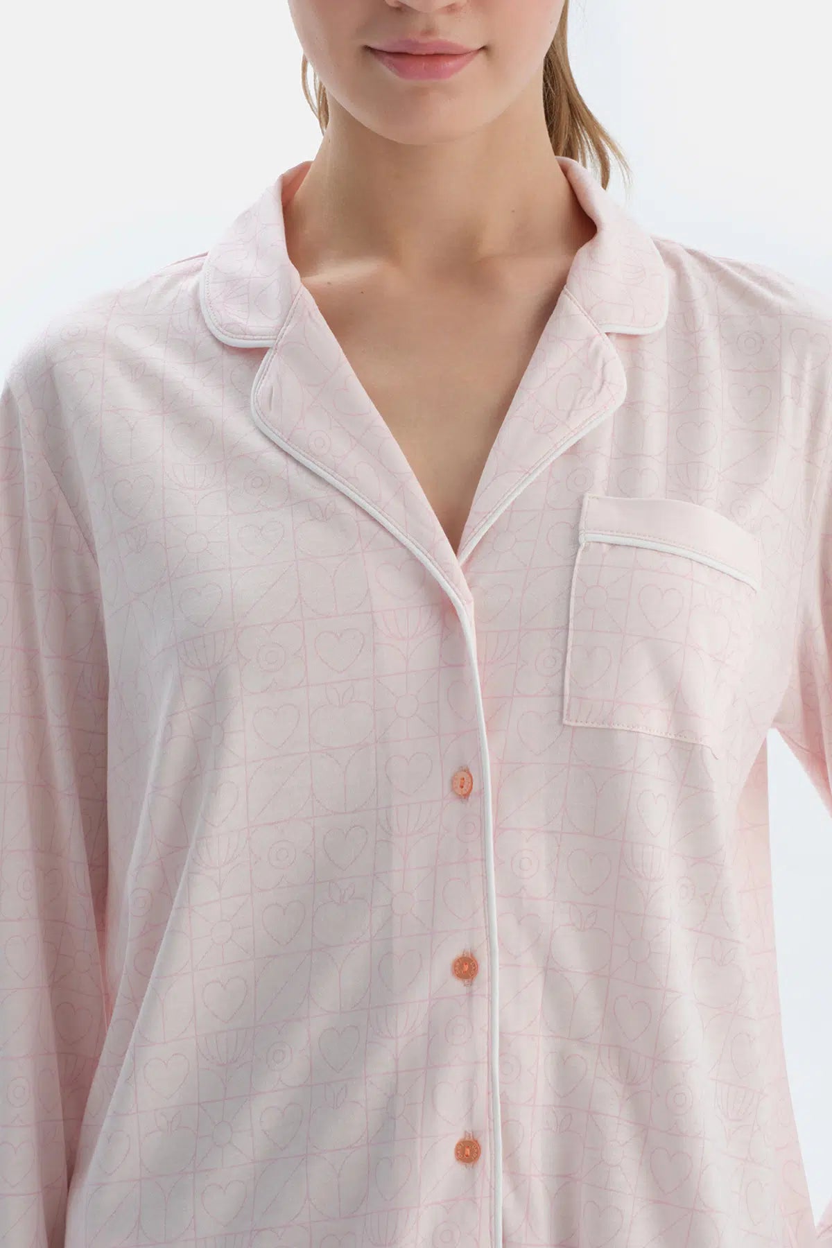 Açık Pembe Metraj Kalp Baskılı Gömlek Pantolon Pijama Takımı