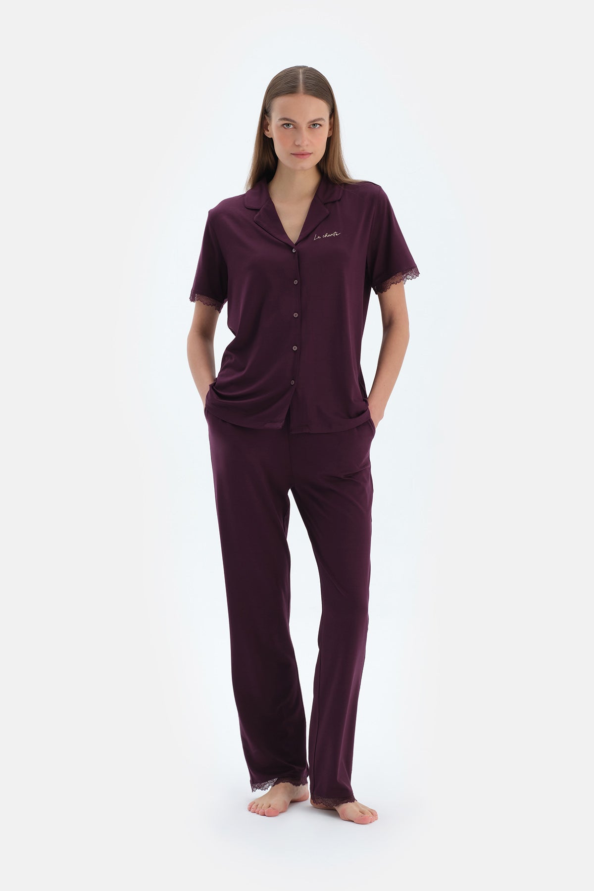 Mürdüm Nakış Ve Dantel Detaylı Gömlek Pantolon Pijama Takımı