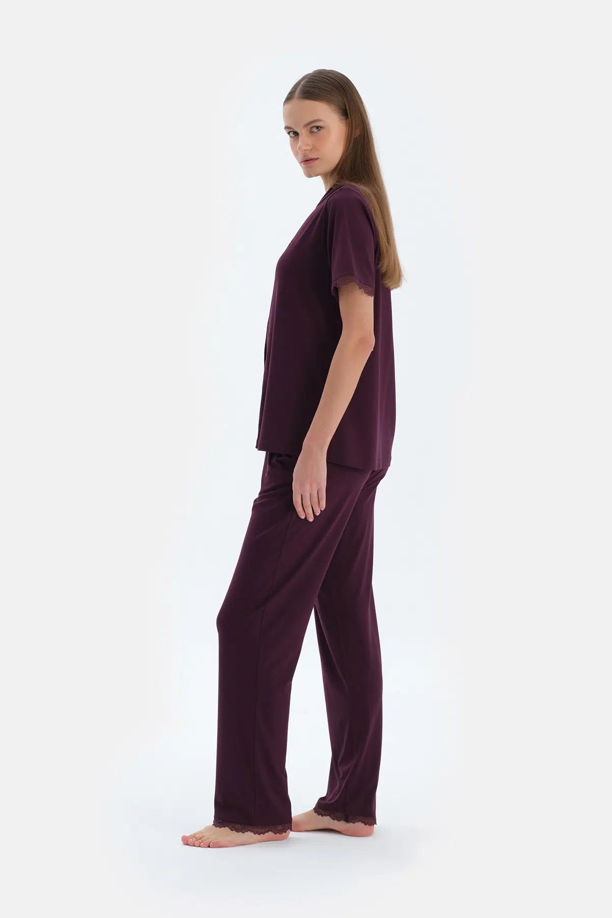 Mürdüm Nakış Ve Dantel Detaylı Gömlek Pantolon Pijama Takımı