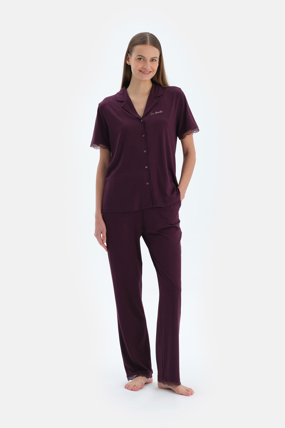 Mürdüm Nakış Ve Dantel Detaylı Gömlek Pantolon Pijama Takımı