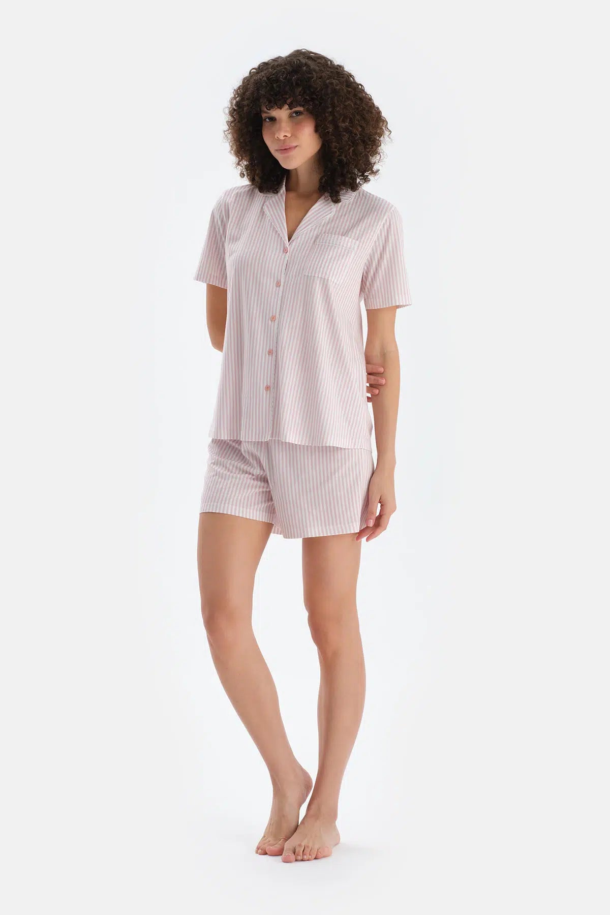 Açık Pembe Çizgili Penye Modal Gömlek Şort Pijama Takımı
