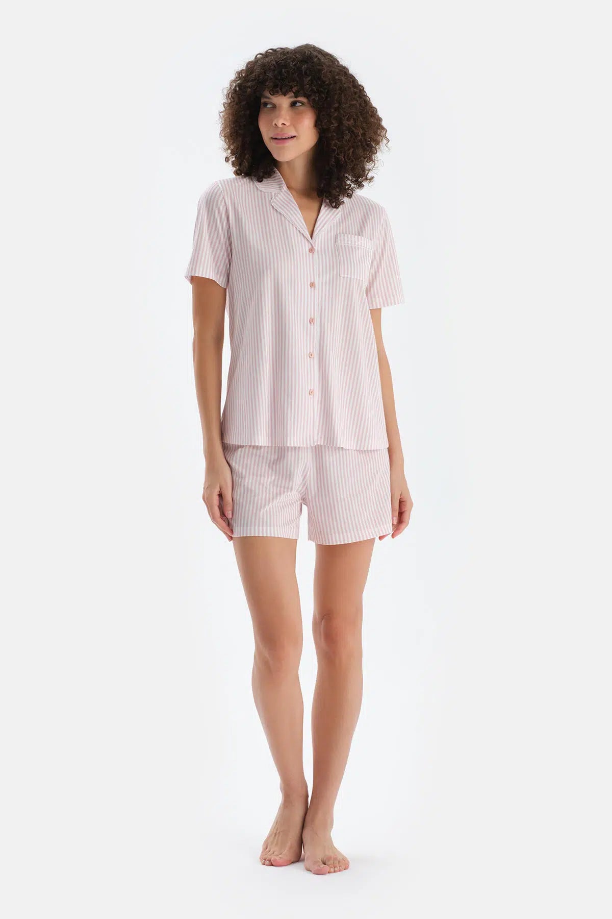 Açık Pembe Çizgili Penye Modal Gömlek Şort Pijama Takımı