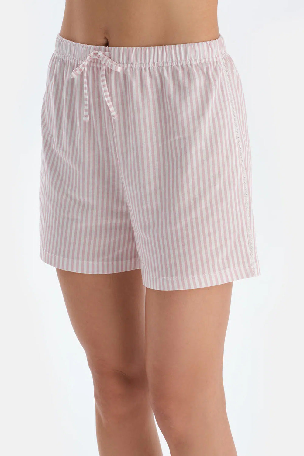 Açık Pembe Çizgili Penye Modal Gömlek Şort Pijama Takımı