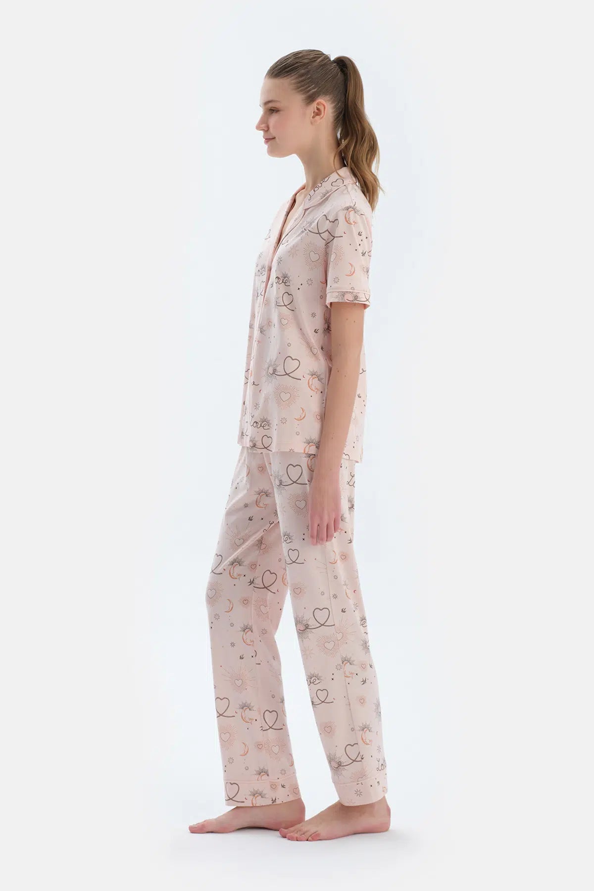 Pembe Metraj Baskılı Penye Modal Gömlek Pantolon Pijama Takımı