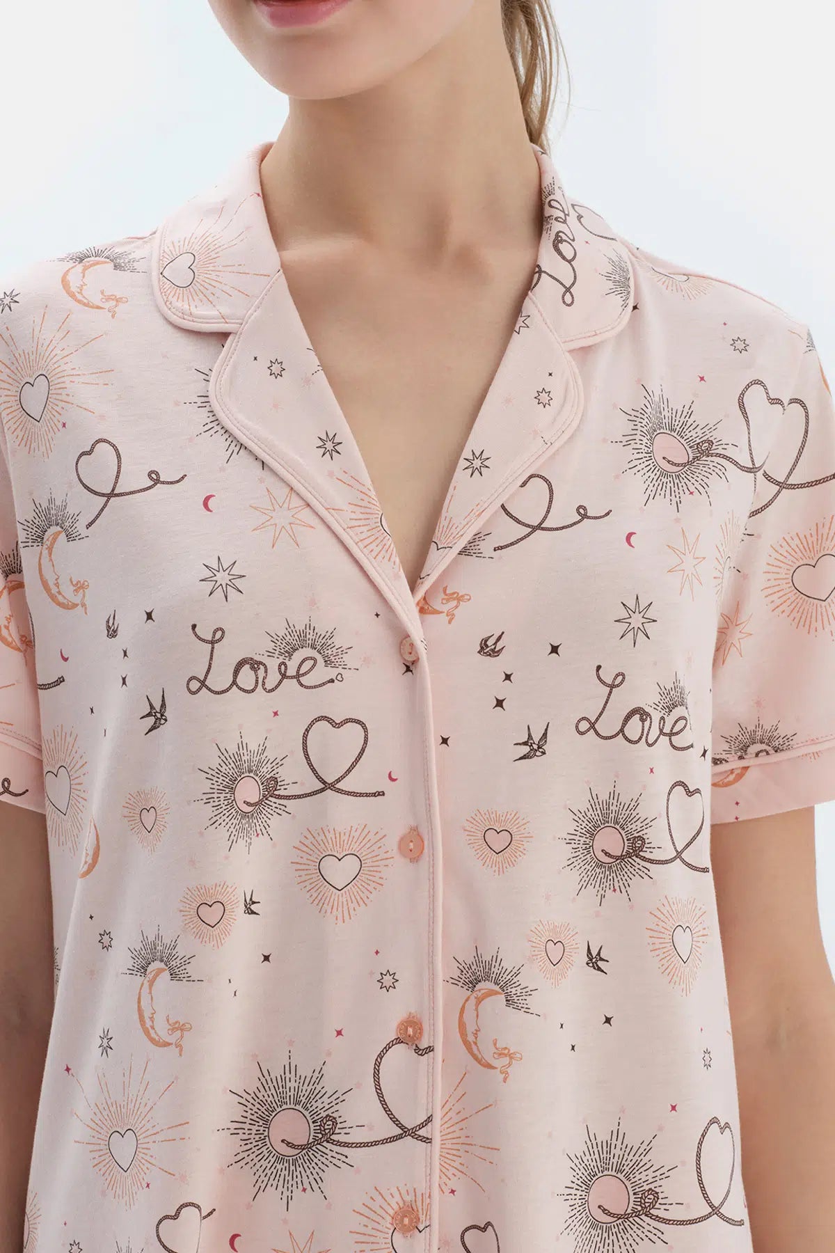 Pembe Metraj Baskılı Penye Modal Gömlek Pantolon Pijama Takımı