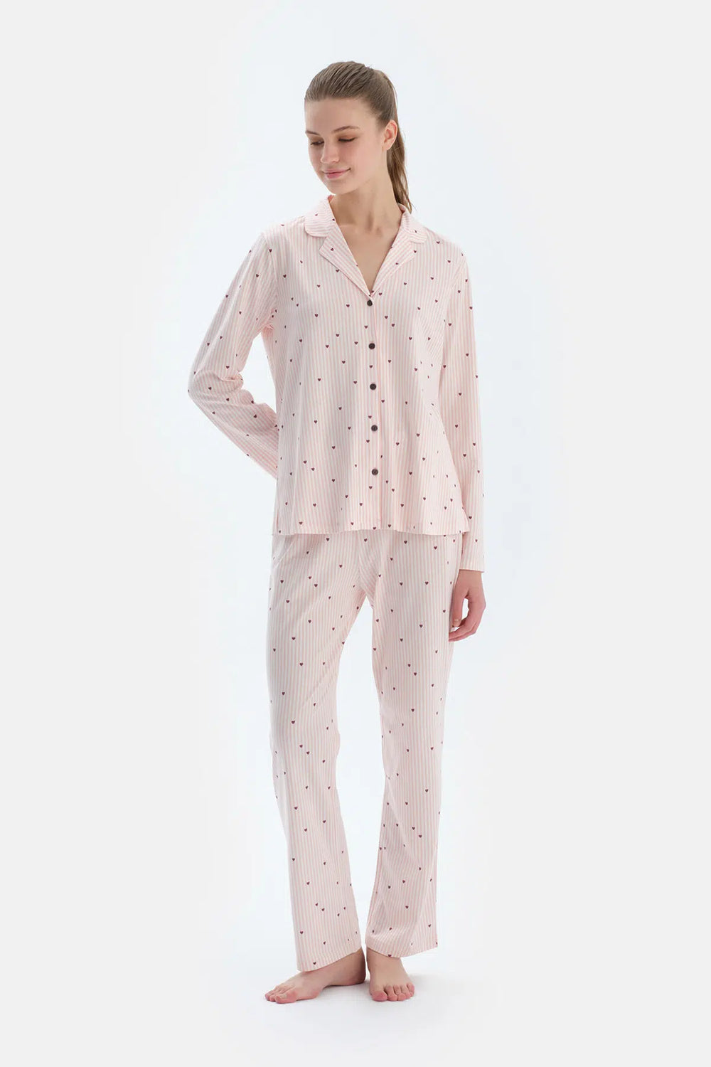 Ekru Kalp Ve Çizgi Baskılı Penye Modal Gömlek Pantolon Pijama Takımı