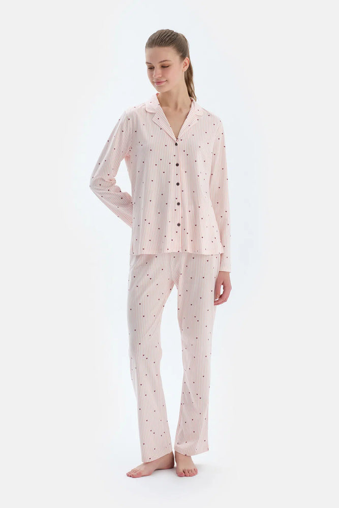 Ekru Kalp Ve Çizgi Baskılı Penye Modal Gömlek Pantolon Pijama Takımı