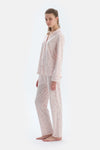 Ekru Kalp Ve Çizgi Baskılı Penye Modal Gömlek Pantolon Pijama Takımı