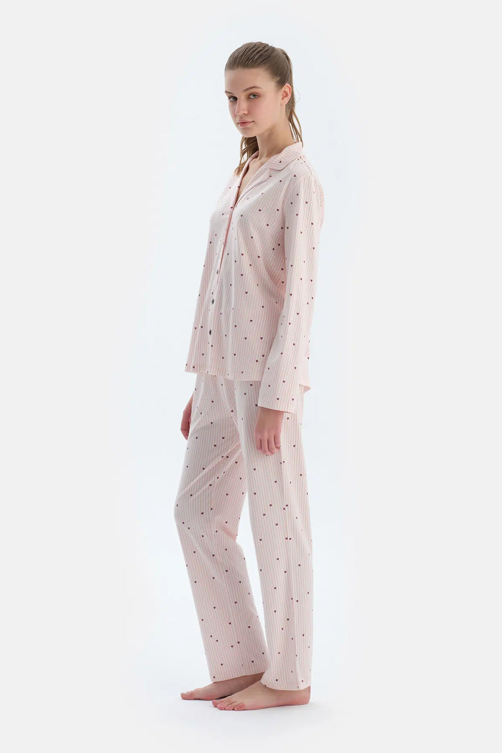 Ekru Kalp Ve Çizgi Baskılı Penye Modal Gömlek Pantolon Pijama Takımı