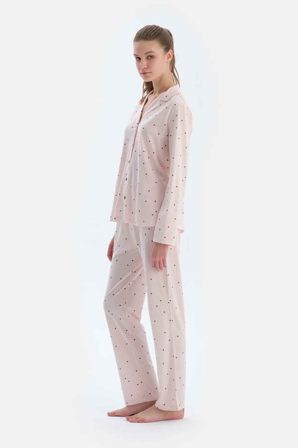 Ekru Kalp Ve Çizgi Baskılı Penye Modal Gömlek Pantolon Pijama Takımı