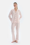 Ekru Kalp Ve Çizgi Baskılı Penye Modal Gömlek Pantolon Pijama Takımı