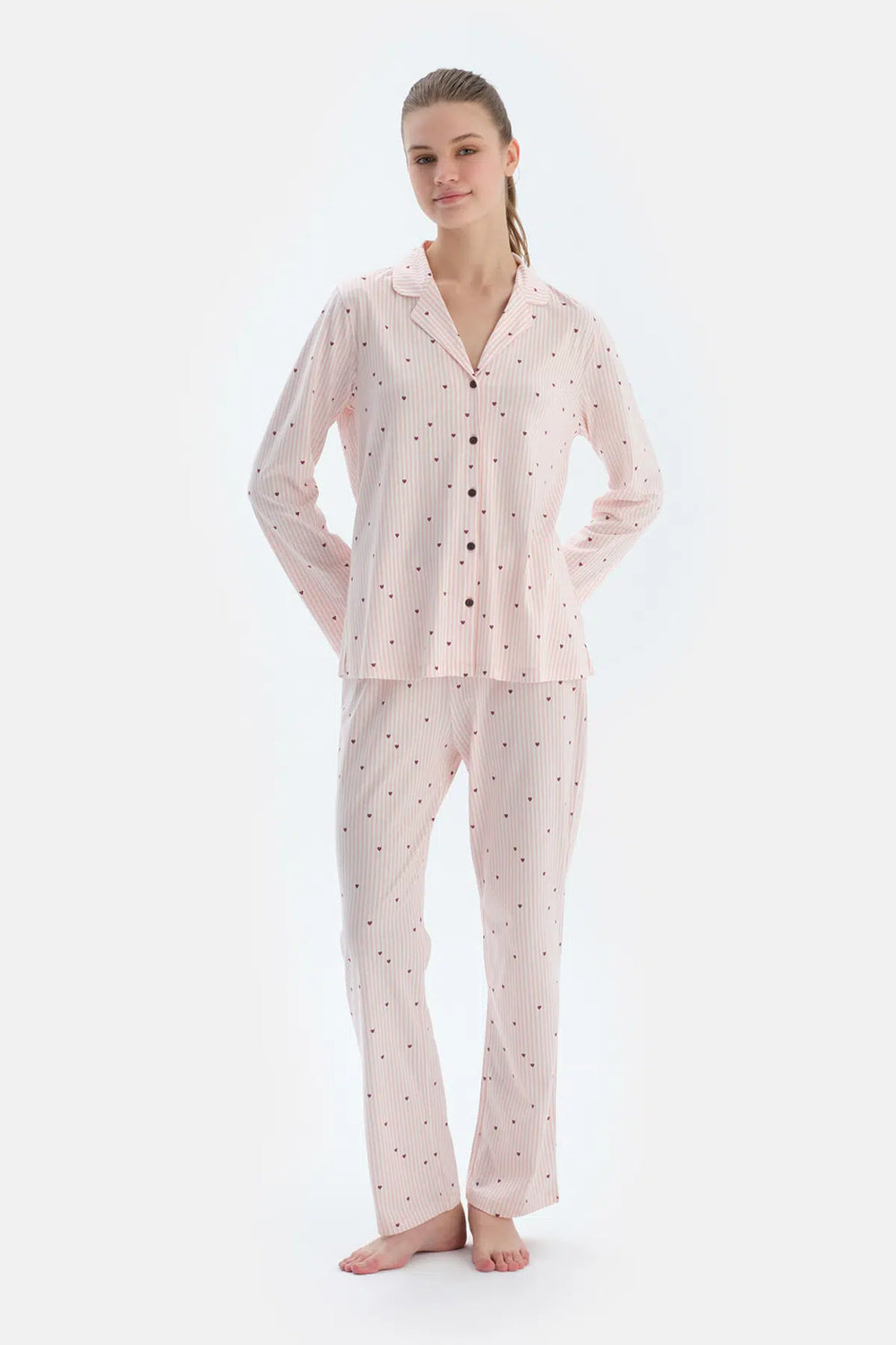 Ekru Kalp Ve Çizgi Baskılı Penye Modal Gömlek Pantolon Pijama Takımı