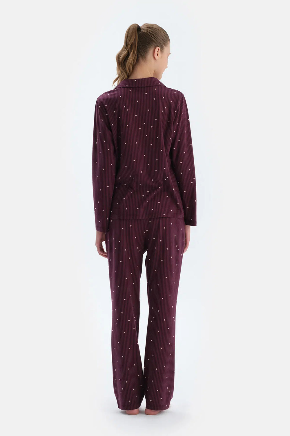 Bordo Kalp Ve Çizgi Baskılı Penye Modal Gömlek Pantolon Pijama Takımı