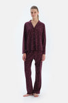Bordo Kalp Ve Çizgi Baskılı Penye Modal Gömlek Pantolon Pijama Takımı