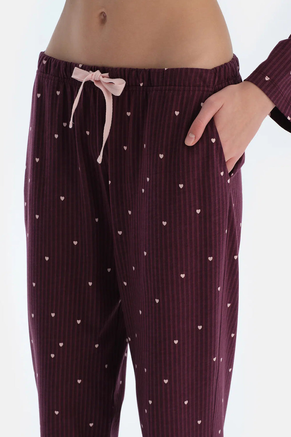 Bordo Kalp Ve Çizgi Baskılı Penye Modal Gömlek Pantolon Pijama Takımı