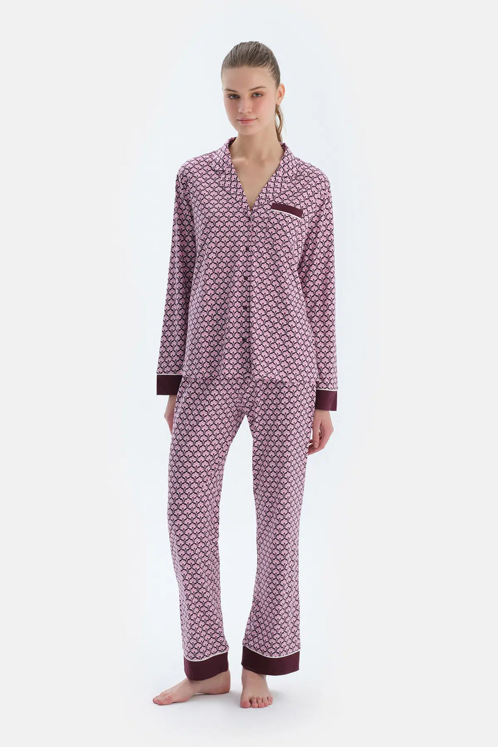 Multicolor Geometrik Metraj Baskılı Penye Modal Gömlek Pantolon Pijama Takımı