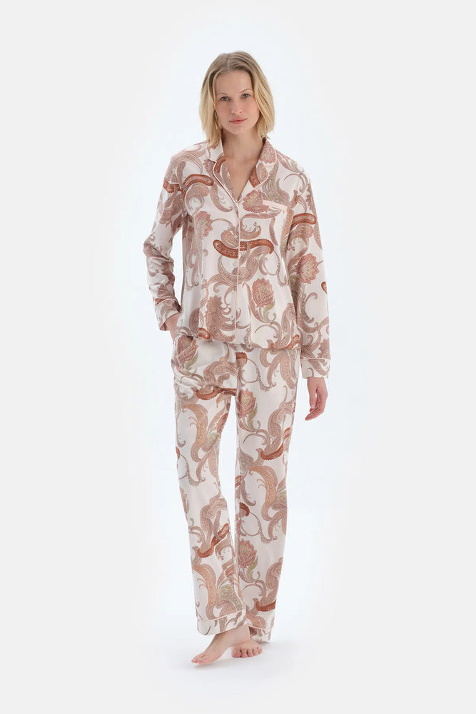 Açık Pembe Şal Desenli Penye Modal Gömlek Pantolon Pijama Takımı