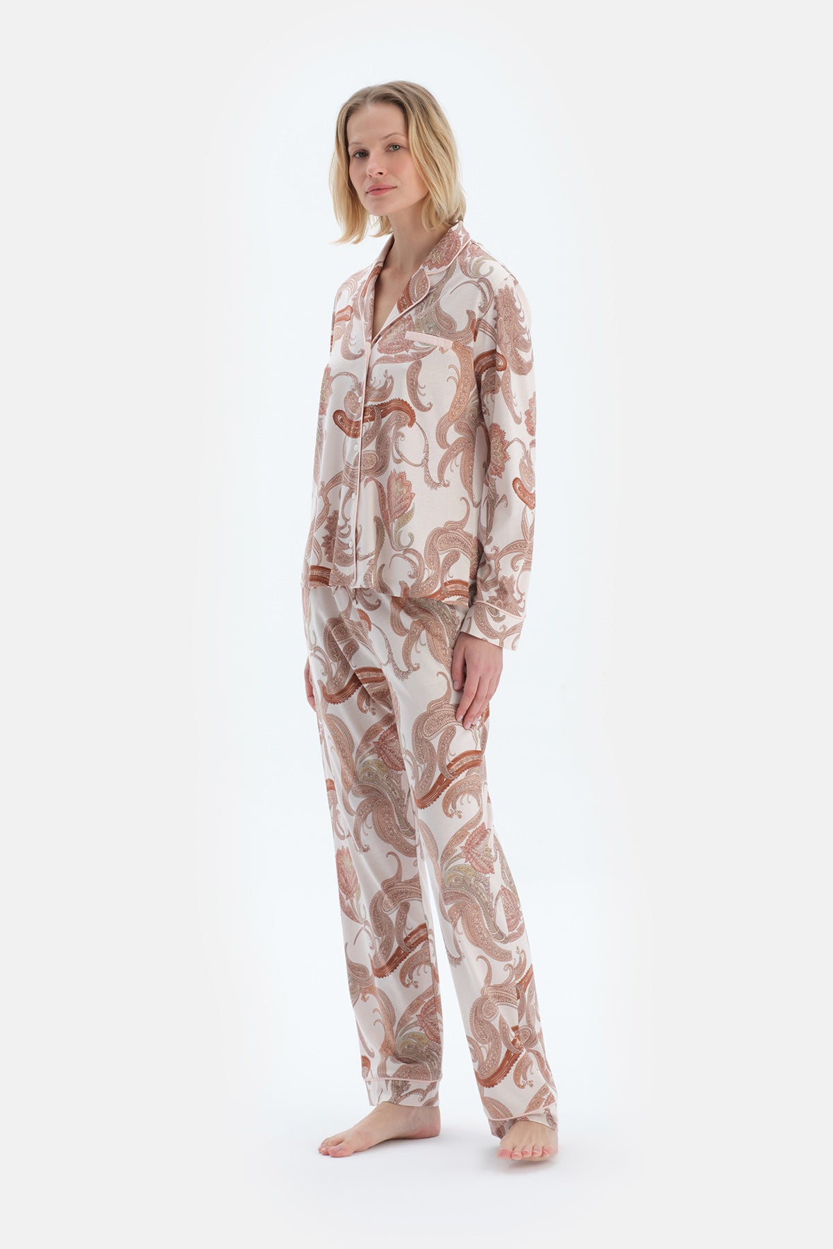 Açık Pembe Şal Desenli Penye Modal Gömlek Pantolon Pijama Takımı