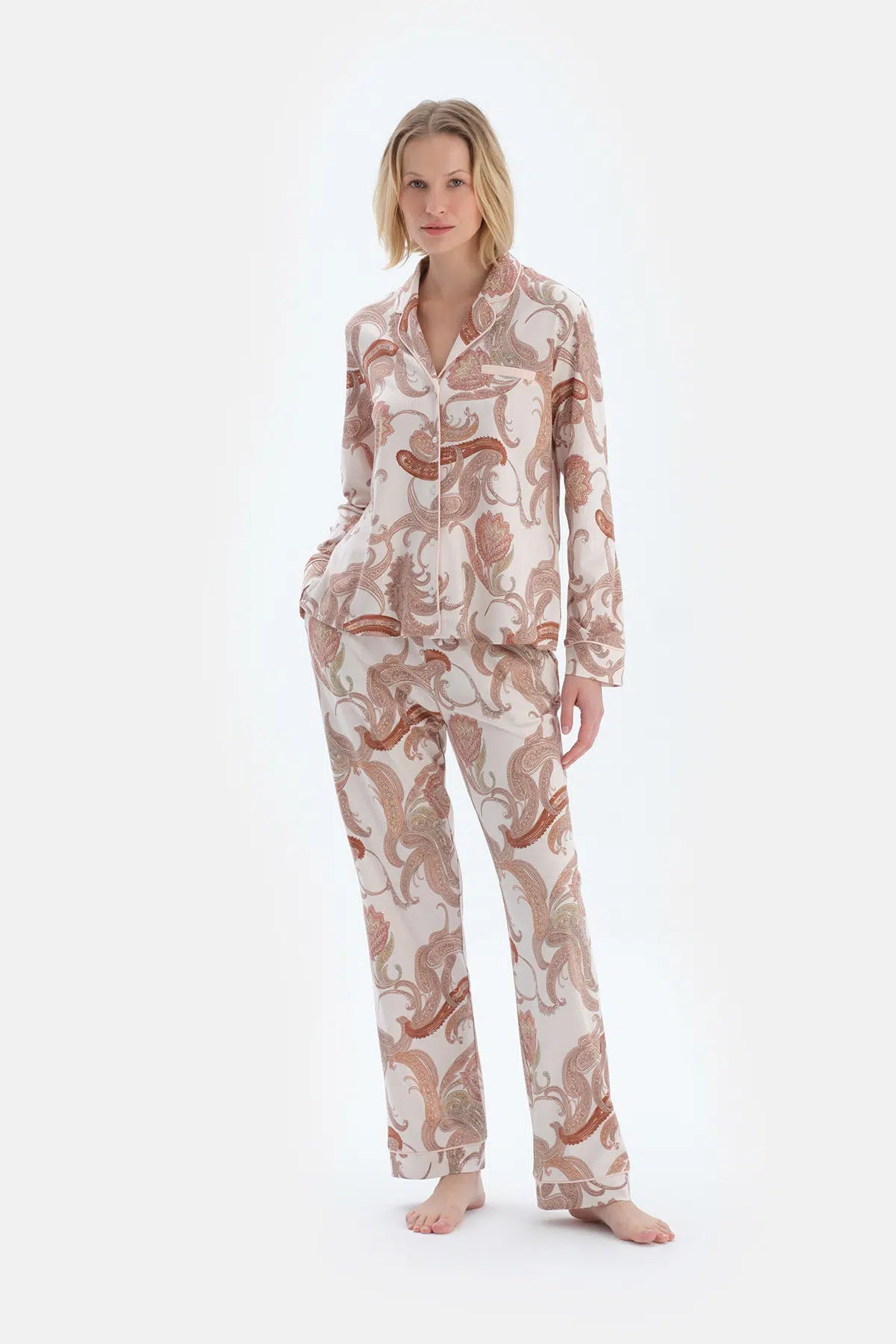 Açık Pembe Şal Desenli Penye Modal Gömlek Pantolon Pijama Takımı