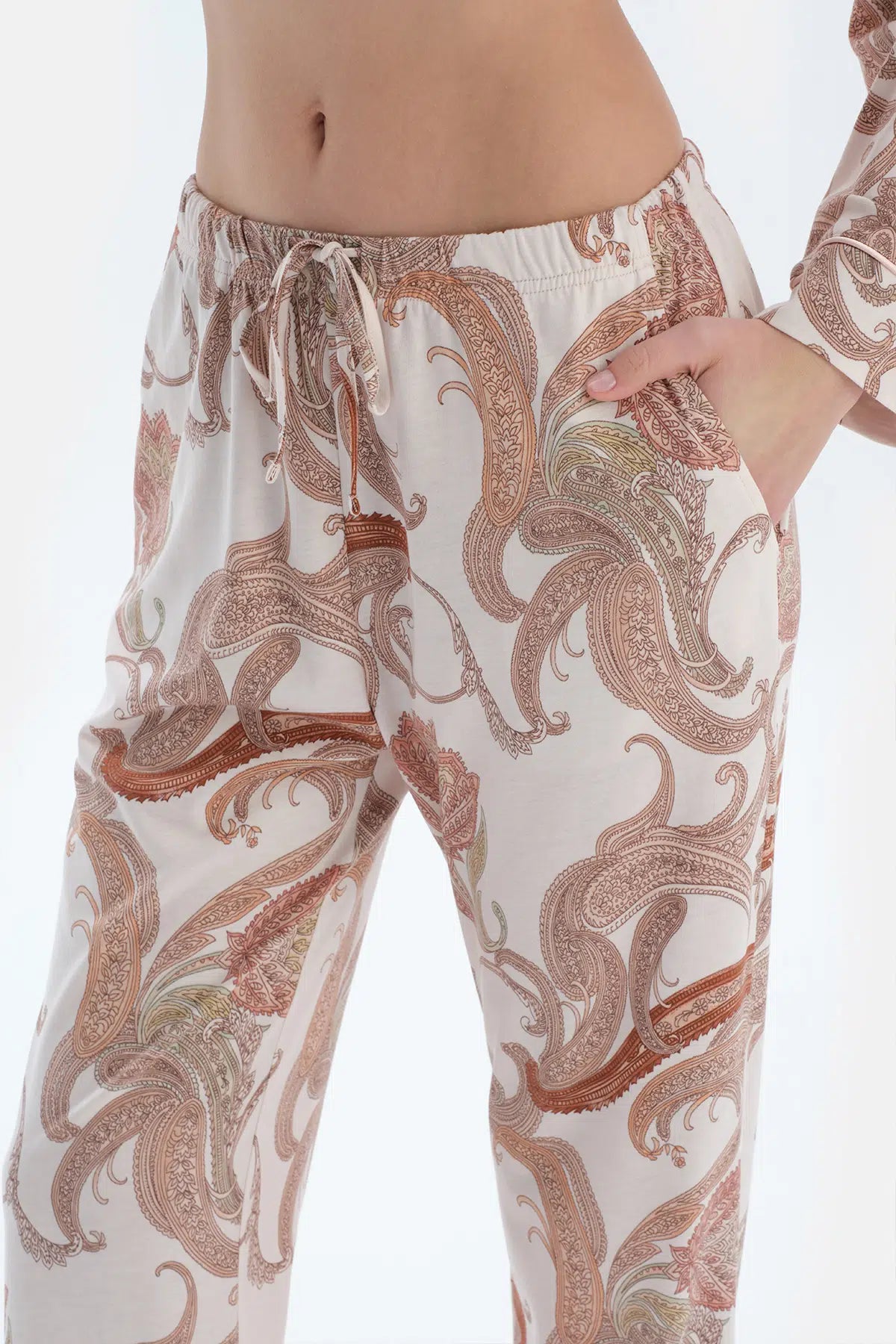 Açık Pembe Şal Desenli Penye Modal Gömlek Pantolon Pijama Takımı