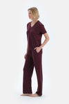 Bordo V Yaka Kısa Kollu Viskon Tişört Pantolon Pijama Takımı
