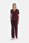 Bordo V Yaka Kısa Kollu Viskon Tişört Pantolon Pijama Takımı