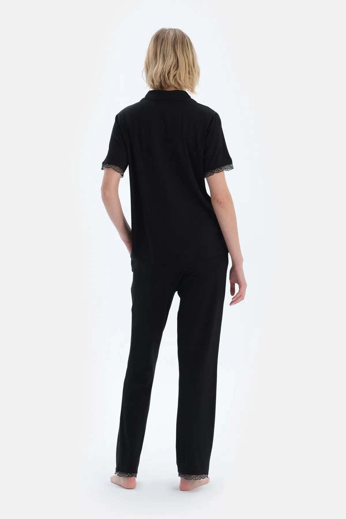 Siyah Dantel Detaylı Viskon Gömlek Pantolon Pijama Takımı