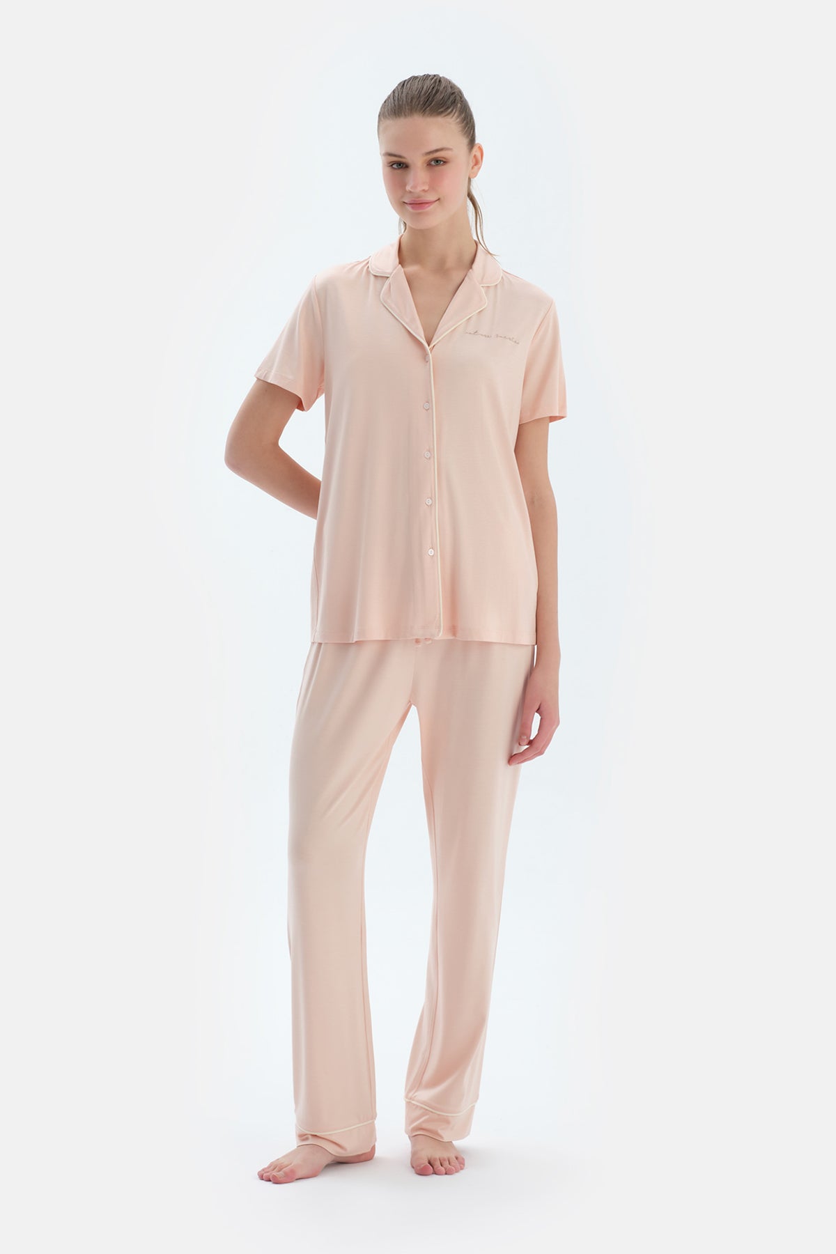 Sütlü Kahve Kısa Kollu Basıc Gömlek Pantolon Pijama Takımı